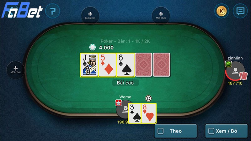 Game bài Poker Fabet có nhiều bàn chơi và mức cược