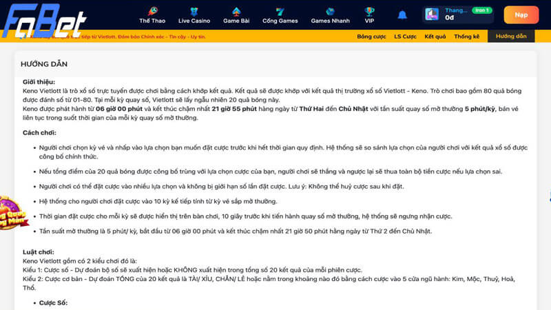 Tìm hiểu luật chơi Keno Fabet chi tiết nhất